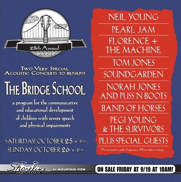 The Bridge School anuncia sus primeros artistas Neil Young, Pearl Jam, Band of Horses, Norah Jones and Puss n Boots, Florence and the Machine, Soundgarden, y Tom Jones