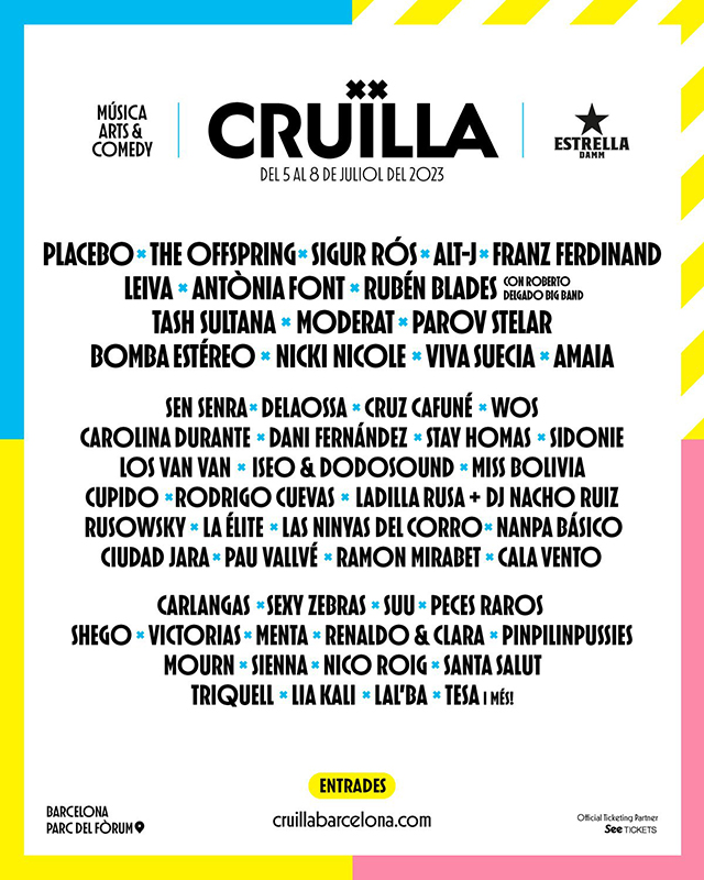 El Festival Cruïlla en julio con nombres destacados como The Offspring, Alt-J, Rubén Blades, Placebo, Franz Ferdinand, Sigur Rós, Antònia Font, entre otros