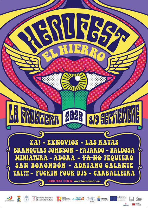 El municipio de La Frontera en la isla de El Hierro, celebra en la calle principal La Frontera, celebra la 6ª edición del festival Hero Fest del 8 a 9 de septiembre con cartel conformado por Exnovios, Za!, Branquias Johnson, Las Ratas, Miniatura, Baldosa, Ya No Te Quiero, Fajardo, San Borondón, Tal!!,Adriano Galante y Adora.